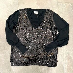 CARYN VALLONE NWT Black cotton & sequin V neck sweater size medium